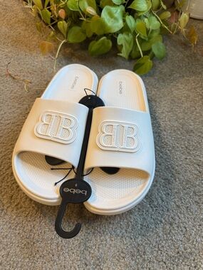 bebe White  Slide Sandals with Embossed Logo